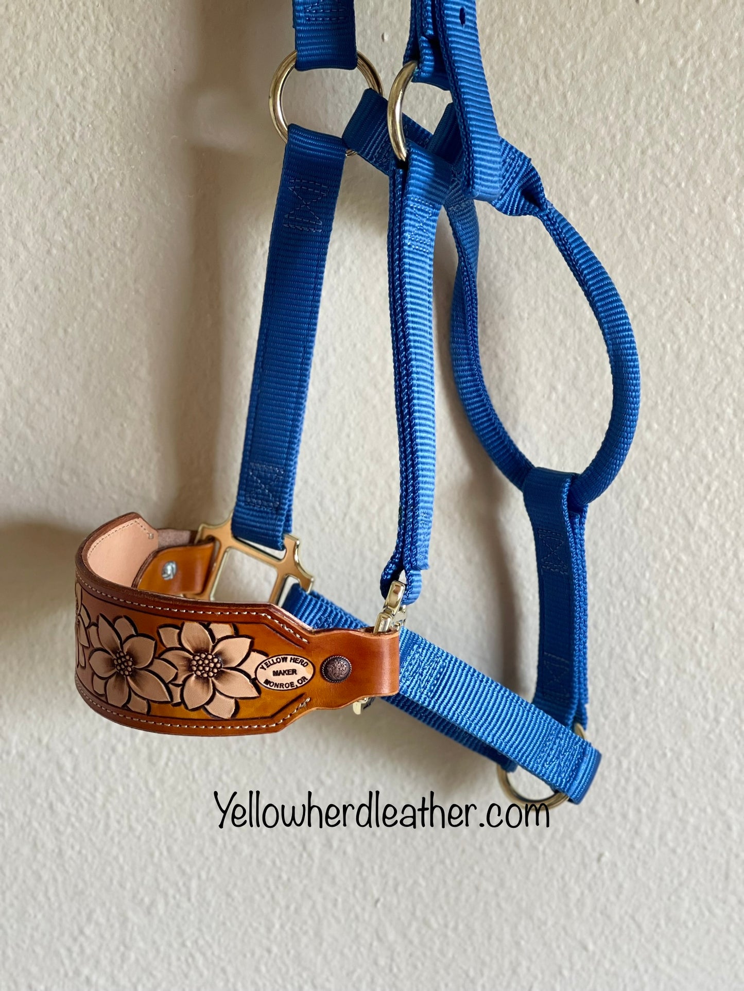 "Sunflower City" noseband on blue halter