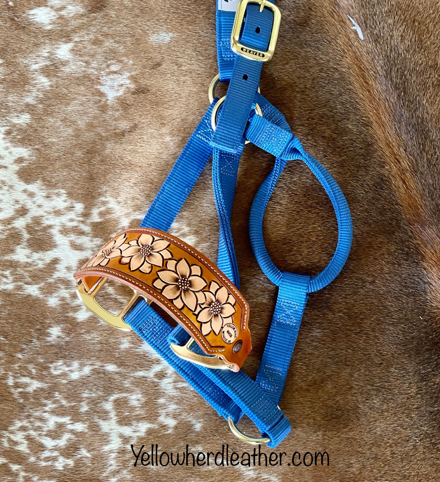 "Sunflower City" noseband on blue halter