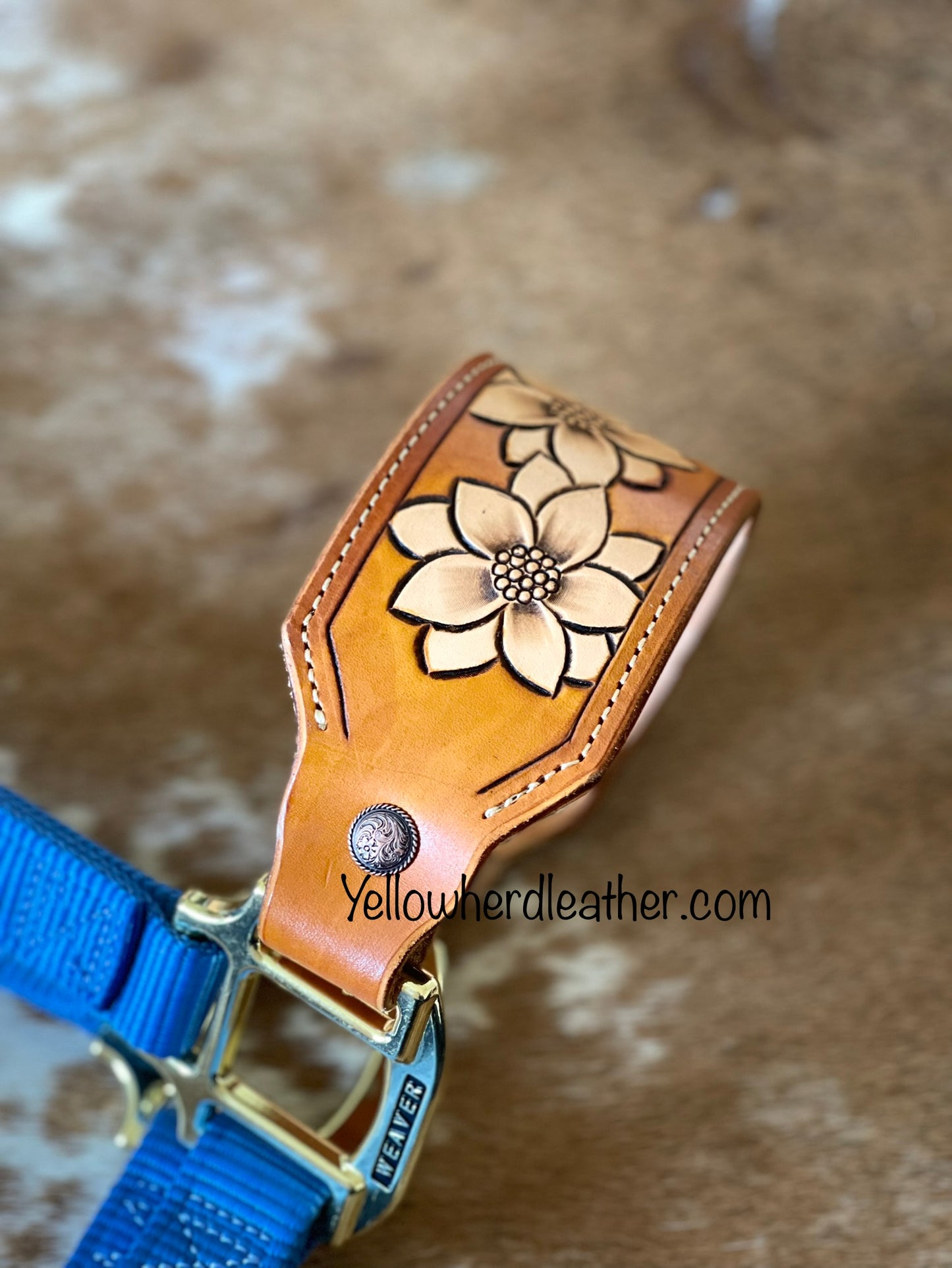 "Sunflower City" noseband on blue halter
