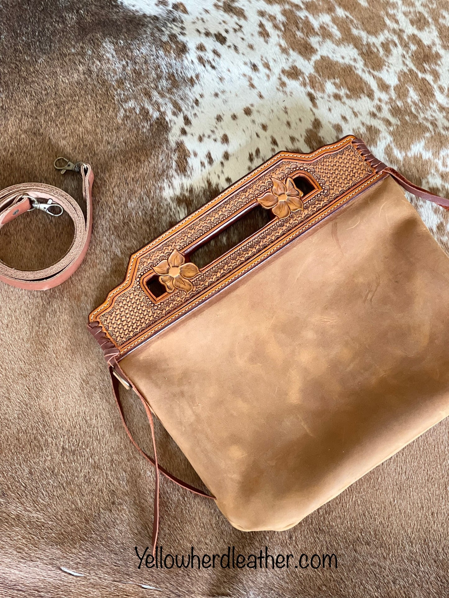 Large Flower Tooled Handle Crossbody