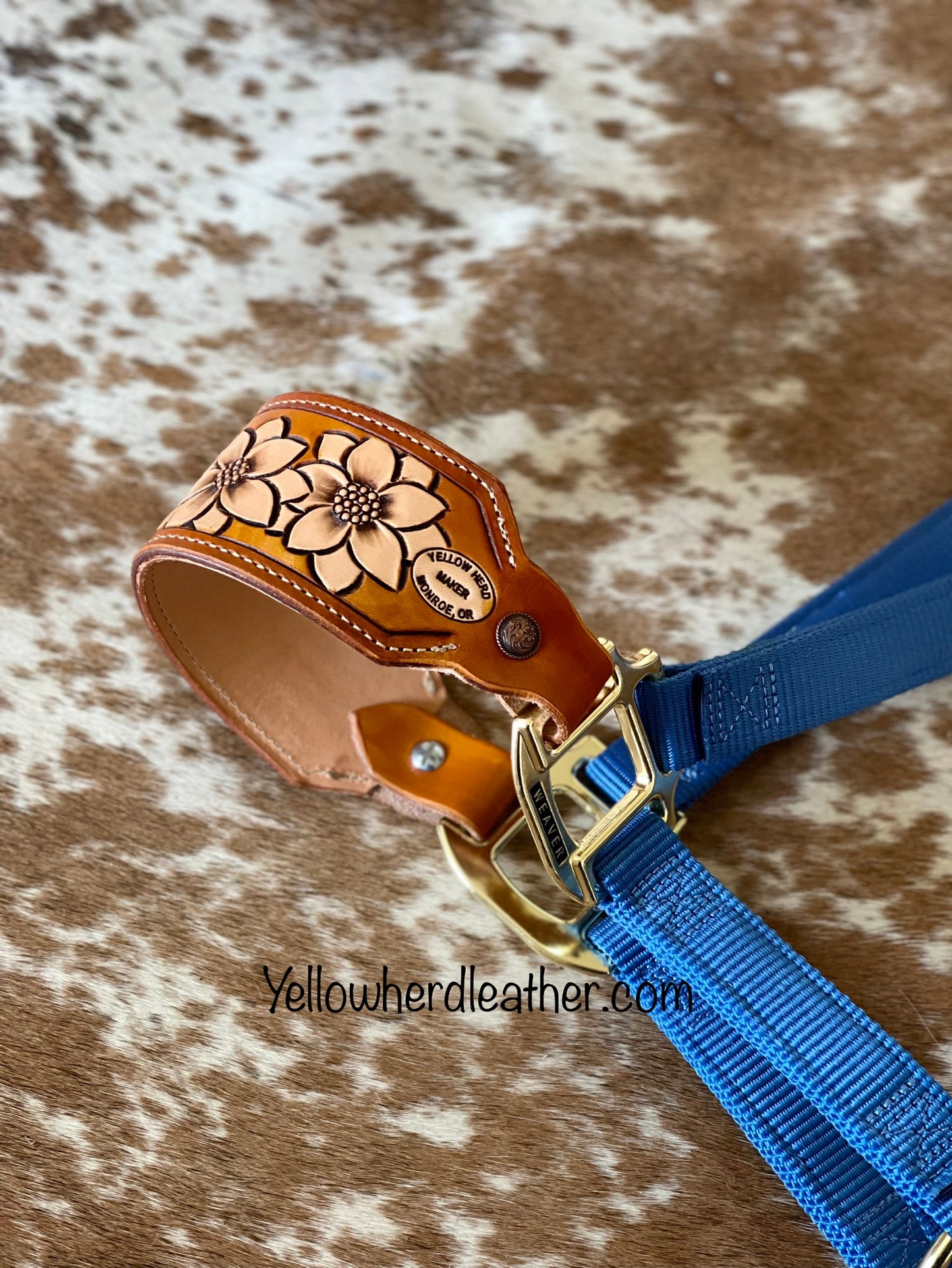 "Sunflower City" noseband on blue halter