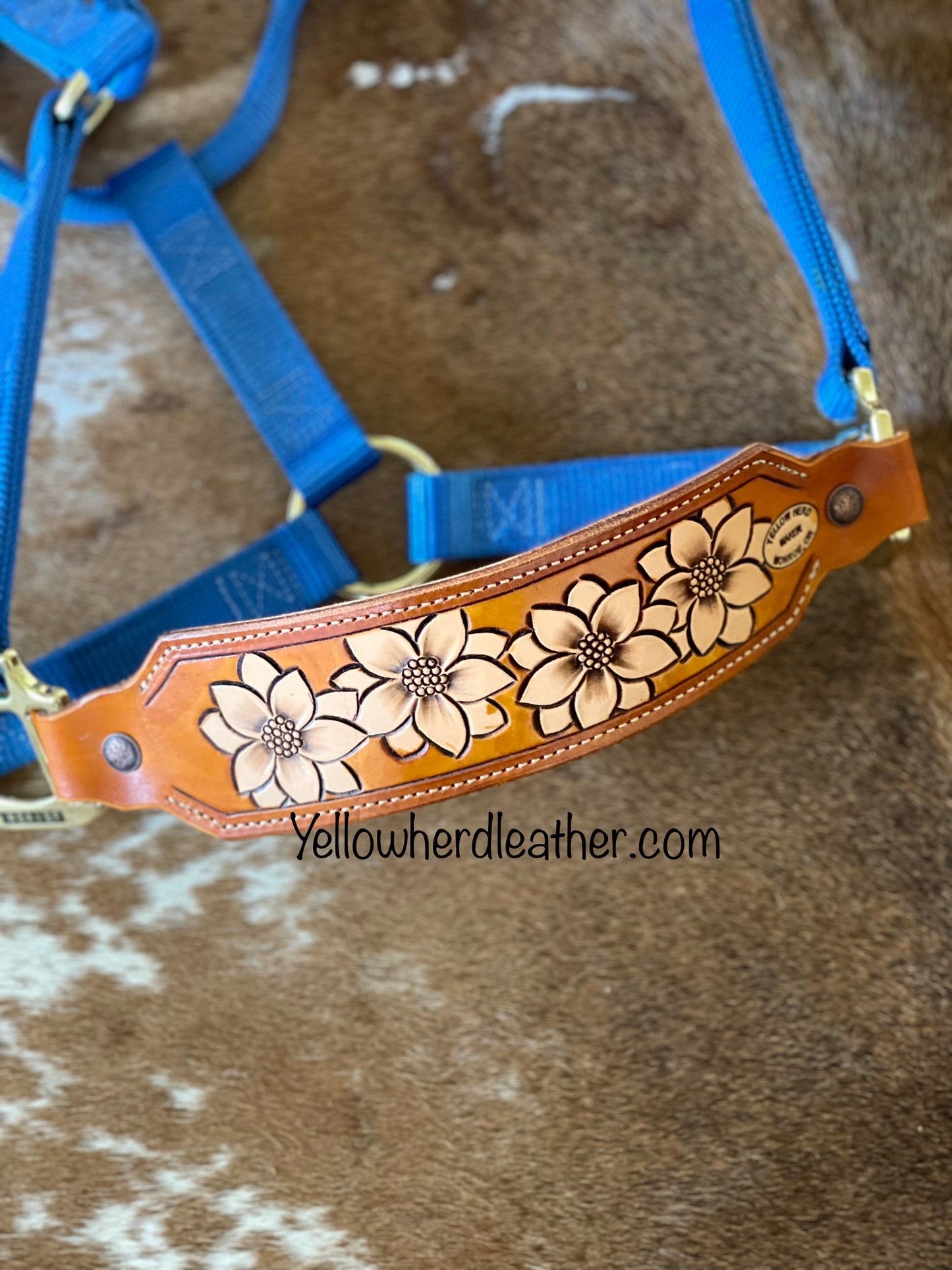"Sunflower City" noseband on blue halter