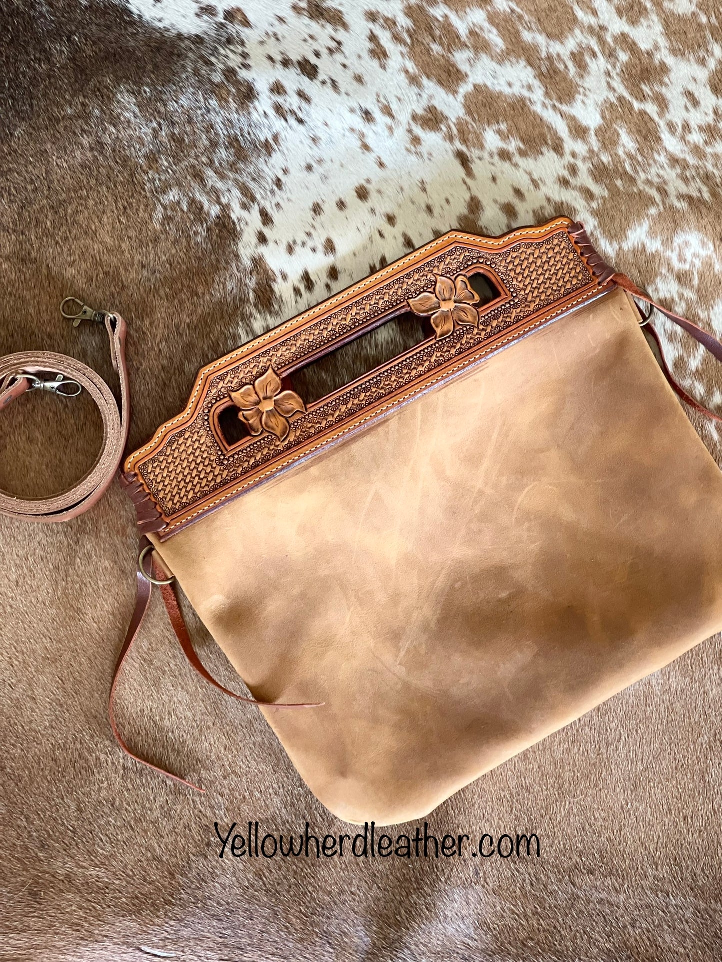 Large Flower Tooled Handle Crossbody